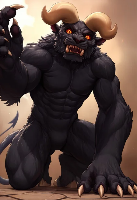 source_furry, score_8_up, score_7_up, demon horns, duo, score_9, solo, claws, muscular, black skin, on kneels, low angle view, wing,