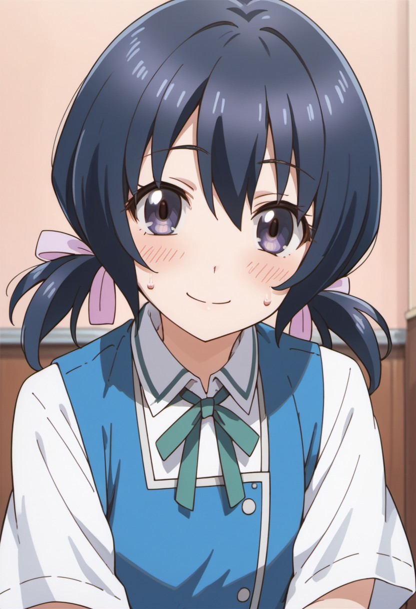 score_9, score_8_up, score_7_up, source_anime, funabori, dark blue hair, purple eyes, twintails, 1girl, solo, school uniform, ribbon, hair ribbon, looking at viewer, smile, sweatdrop, blush