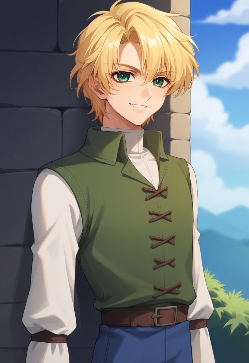 score_9, score_8_up, score_7_up, source_anime, highly detailed, 
wolfram, blonde hair, 1boy, male focus, solo, green eyes, tunic,
short over long sleeves, layered sleeves, blue pants, upper body slender, skinny, androgynous, smile, smirk,
outdoor, medieval, sky,