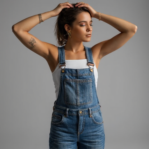 tomboy in overalls flexing her muscles