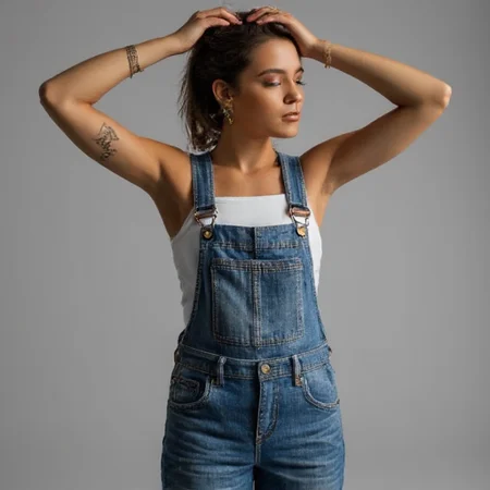 tomboy in overalls flexing her muscles
