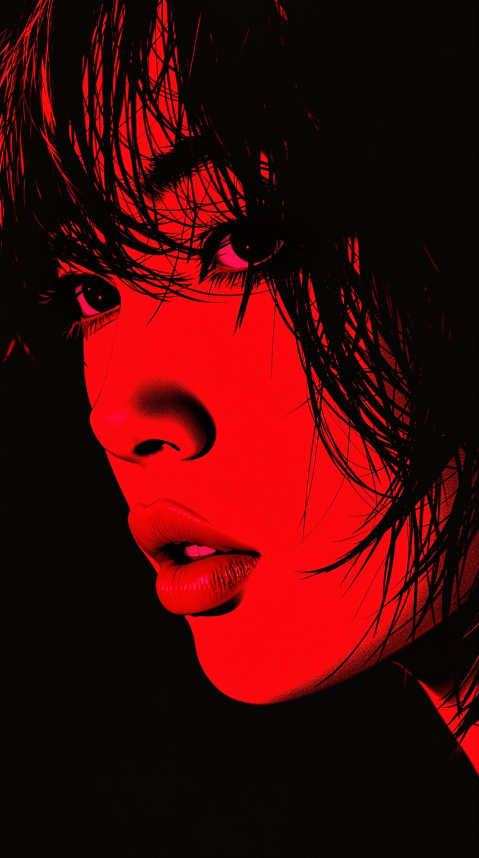 Rendered in striking pop-art style with bold halftone textures and a limited colour palette of black and red, this extreme close-up side portrait captures a young Japanese woman with a tousled, shaggy bob and averted, smoky-eyed gaze. Her expression exudes sensual detachment—lips slightly parted, skin glowing in hyperreal contrast. Bold red and black shadows contour her face in classic pop-art palette, echoing Lichtenstein and cyberpunk poster aesthetics.