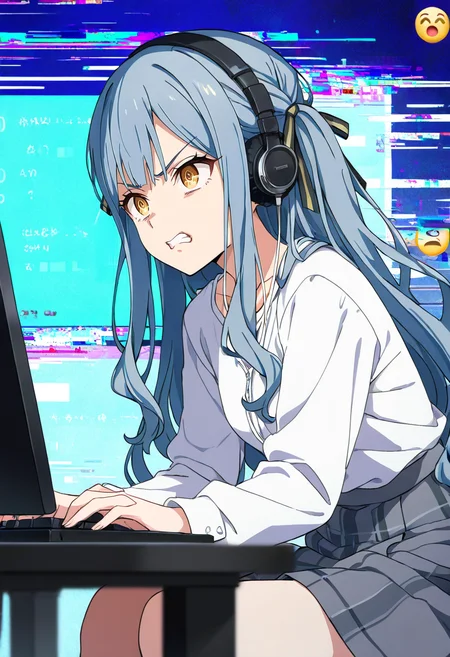 (masterpiece, best quality, absurdres,very aesthetic,newest,anime coloring),1girl,abstract background,(glitch),
togawa sakiko,headphones,open mouth,emoji,<lora:Glitch Style:1>,