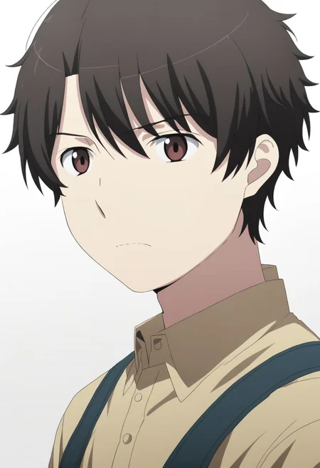 high resolution, solo, best quality, 1Boy, Inaho Kaizuka, Black Hair, Brown Eyes, potrait, dark shirt, looking at viewer, focused gaze forward, simple background, straight body, upper body, head upright, disgust, OverallDetail