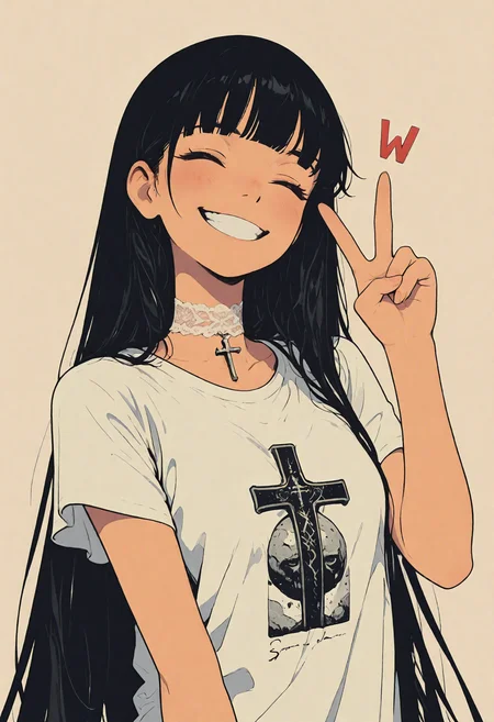 1girl, super cute, super sexy, ((black hair, very long straight hair)), (closed eyes), (((><:1.3))), lace choker with cross, blush, (wearing white rock t-shirt), (Short sleeve), very beautiful girl, very cute face, (Medium chest), toothy smile, grin, ((Mouth wide open)), ((V sign:1.2)), (simple background), (Upper Body), solo,  handdrawn styles,
sinozick style, flat color, in the style of cksc, illustration, masterpiece, (extremely detailed CG 8k), (very fine 8K CG), (ultra detailed perfect piece:1.2), lat color, no lineart,,(no lineart, flat art style:1.0), NO_LINE_ART, comical, simple,
 <lora:Sinozick_Style_XL_Pony:0.35> <lora:NOOB_vp1_detailer_by_volnovik_v1:1> <lora:ponyv6_noobV1_2_adamW:0.9> <lora:ck-shadow-circuit-IL:1>