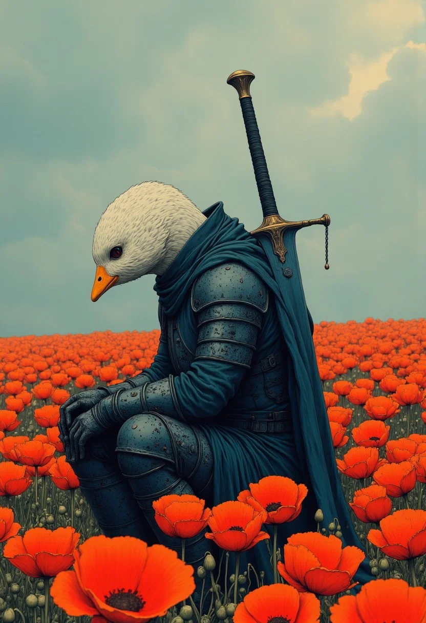 A somber and melancholic scene depicting a lone knight, with the head of a white goose prominently visible, clad in intricately detailed black armor, sitting in a field of vivid red poppies. The knight’s head is uncovered, allowing the soft white feathers and graceful contours of the goose’s head to stand out starkly against the dark, ornate armor. Their posture is one of exhaustion and contemplation, with one gauntleted hand resting on their knee and the other hanging loosely. The armor is adorned with engraved patterns and signs of wear, suggesting a history of countless battles. Behind the knight, a massive, two-handed sword is planted firmly into the ground, symbolizing both strength and a moment of rest. The field of poppies stretches endlessly, their vibrant red petals contrasting against the muted tones of the knight’s armor and the overcast sky. Subtle sunlight filters through the clouds, creating a soft glow that illuminates the scene with a muted, ethereal quality. The gentle sway of the poppies in the breeze adds a sense of life and movement to the otherwise still and reflective moment. The composition emphasizes the emotional weight of the knight’s solitude amidst the vibrant beauty of the flowers, blending realism with a touch of fantasy art style.
