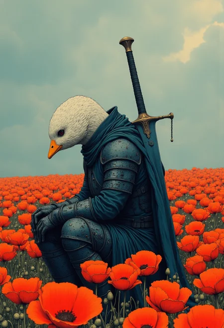 A somber and melancholic scene depicting a lone knight, with the head of a white goose prominently visible, clad in intricately detailed black armor, sitting in a field of vivid red poppies. The knight’s head is uncovered, allowing the soft white feathers and graceful contours of the goose’s head to stand out starkly against the dark, ornate armor. Their posture is one of exhaustion and contemplation, with one gauntleted hand resting on their knee and the other hanging loosely. The armor is adorned with engraved patterns and signs of wear, suggesting a history of countless battles. Behind the knight, a massive, two-handed sword is planted firmly into the ground, symbolizing both strength and a moment of rest. The field of poppies stretches endlessly, their vibrant red petals contrasting against the muted tones of the knight’s armor and the overcast sky. Subtle sunlight filters through the clouds, creating a soft glow that illuminates the scene with a muted, ethereal quality. The gentle sway of the poppies in the breeze adds a sense of life and movement to the otherwise still and reflective moment. The composition emphasizes the emotional weight of the knight’s solitude amidst the vibrant beauty of the flowers, blending realism with a touch of fantasy art style.