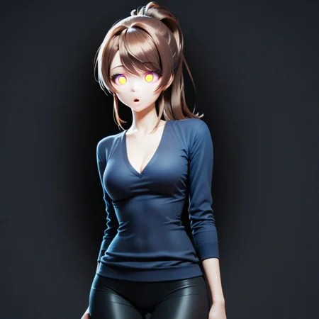 score_9,score_8_up,score_7_up,score_6_up, (hypnosis, mind control), ((empty_eyes)), 1girl, solo, blank stare, open mouth, sultry, swept bangs, brown ponytail, blue sweater, black shirt, cleavage, black yoga pants, long eyelashes, cowboy shot,
