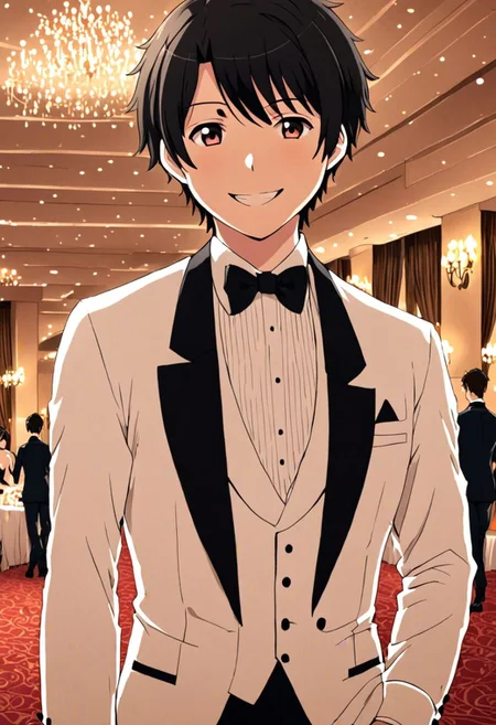 high resolution, solo, best quality, 1Boy, Inaho Kaizuka, Black Hair, luxury hotel, Ballroom, tuxedo, smile, confident, OverallDetail