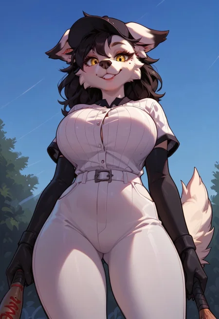 safe_pos, masterpiece,best quality, highly detailed, score_9, score_8_up, score_7_up, score_6_up, BREAK, 1girl, anthro dog, dog girl, white fur, fluffy ears, black ear tips, fluff ears, fluffy tail, black hair, yellow eyes, long eyelashes, large breast, thick thighs. BREAK , baseball uniform, baseball cap, baseball bat, smiling, looking at viewer, low angle, white face, white fur, outdoors, blue sky, white pants, black nose, black tipped ears, white ears