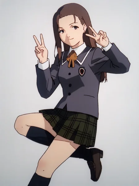 score_7_up, score_8_up, score_9, masterpiece, perfect hands, high quality, white background, 1girl, solo, <lora:Iwakura_Mika_PDXLv0-e40:0.9> iwakura mika, school uniform, neck ribbon, green plaid skirt, black kneehighs, brown loafers, v:1.5, peace sign
