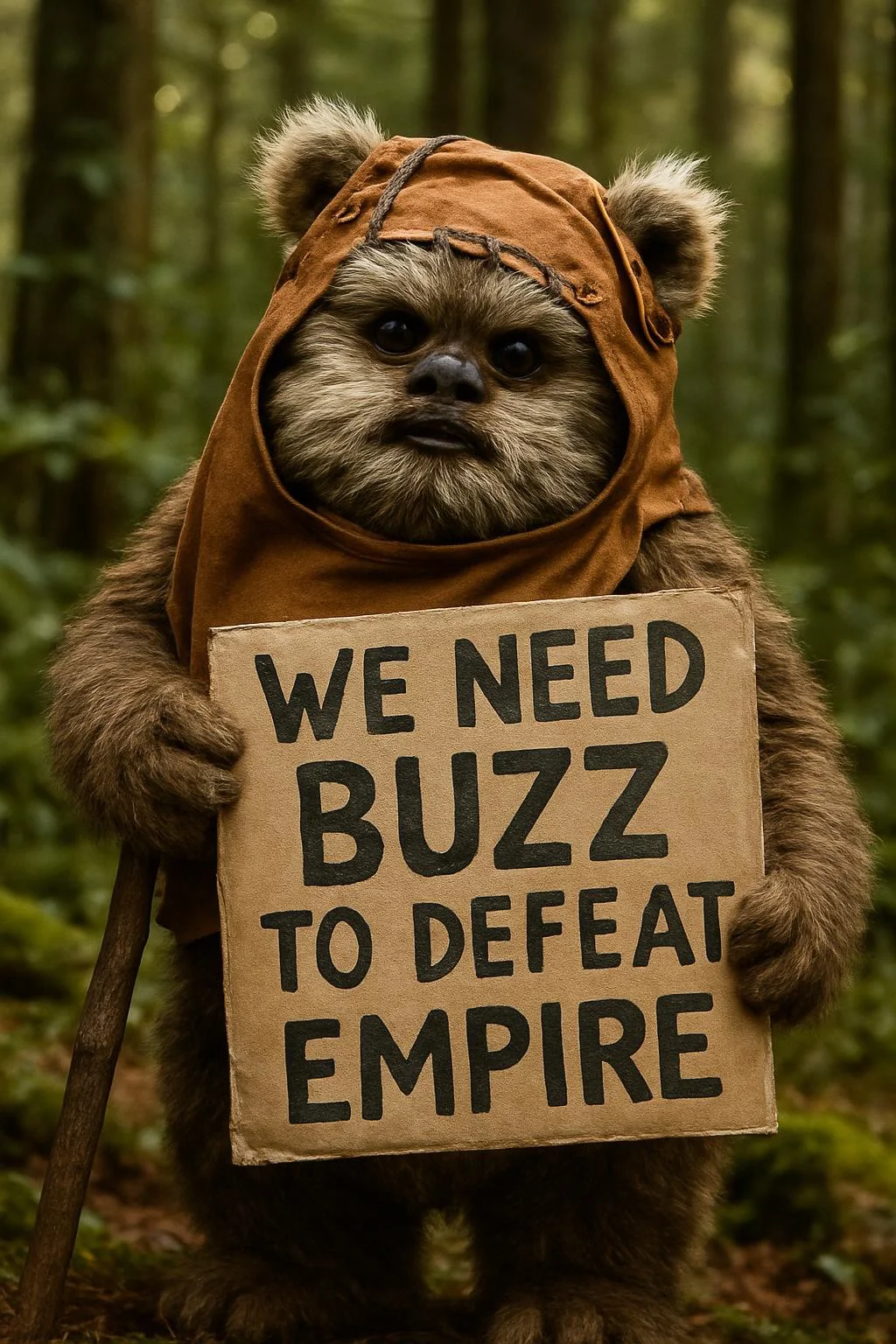 an ewok from star wars holding sign with text "We need BUZZ to defeat Empire", animal focus, forest background, intricate details, photorealism