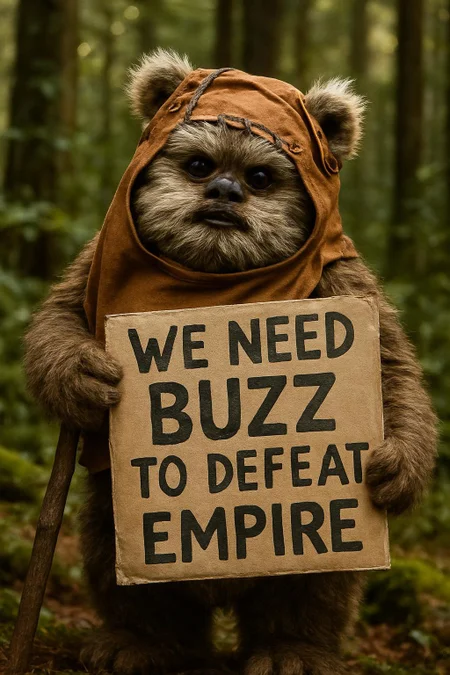an ewok from star wars holding sign with text "We need BUZZ to defeat Empire", animal focus, forest background, intricate details, photorealism