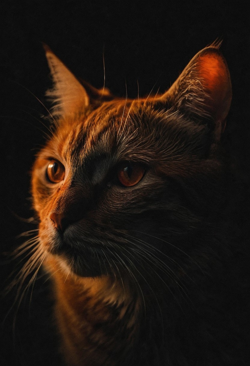 high-contrast palette, subtle grain, timeless feeling, darkest night, cinematic quality, modern art photograph, orange cat, soft red eyes, stalking, highly detailed