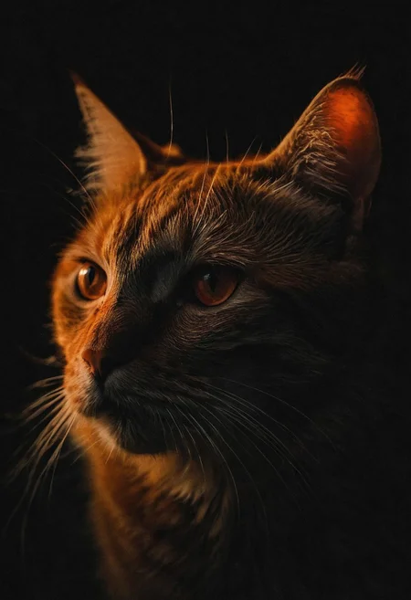 high-contrast palette, subtle grain, timeless feeling, darkest night, cinematic quality, modern art photograph, orange cat, soft red eyes, stalking, highly detailed
