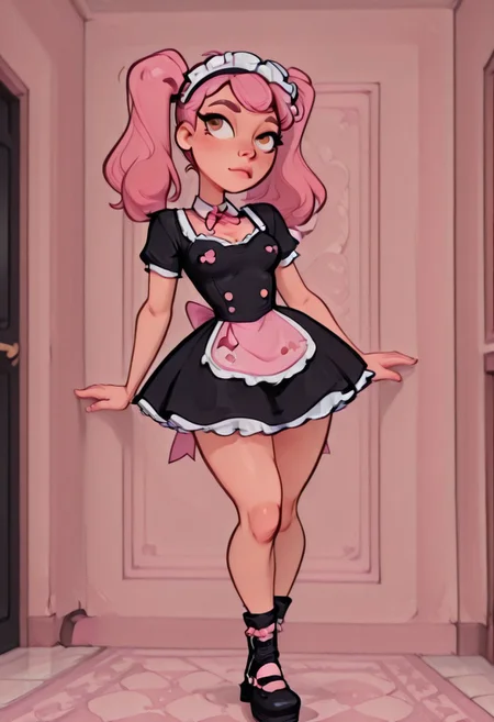 1girl(femboy, pink hair, dual ponytails, hazel eyes, small breasts, standing), Dynamic angle, Dynamic pose, NSFW, smoove, maid dress, pink bow, frills, short sleeves, maid headdress, dusting, vaccuming