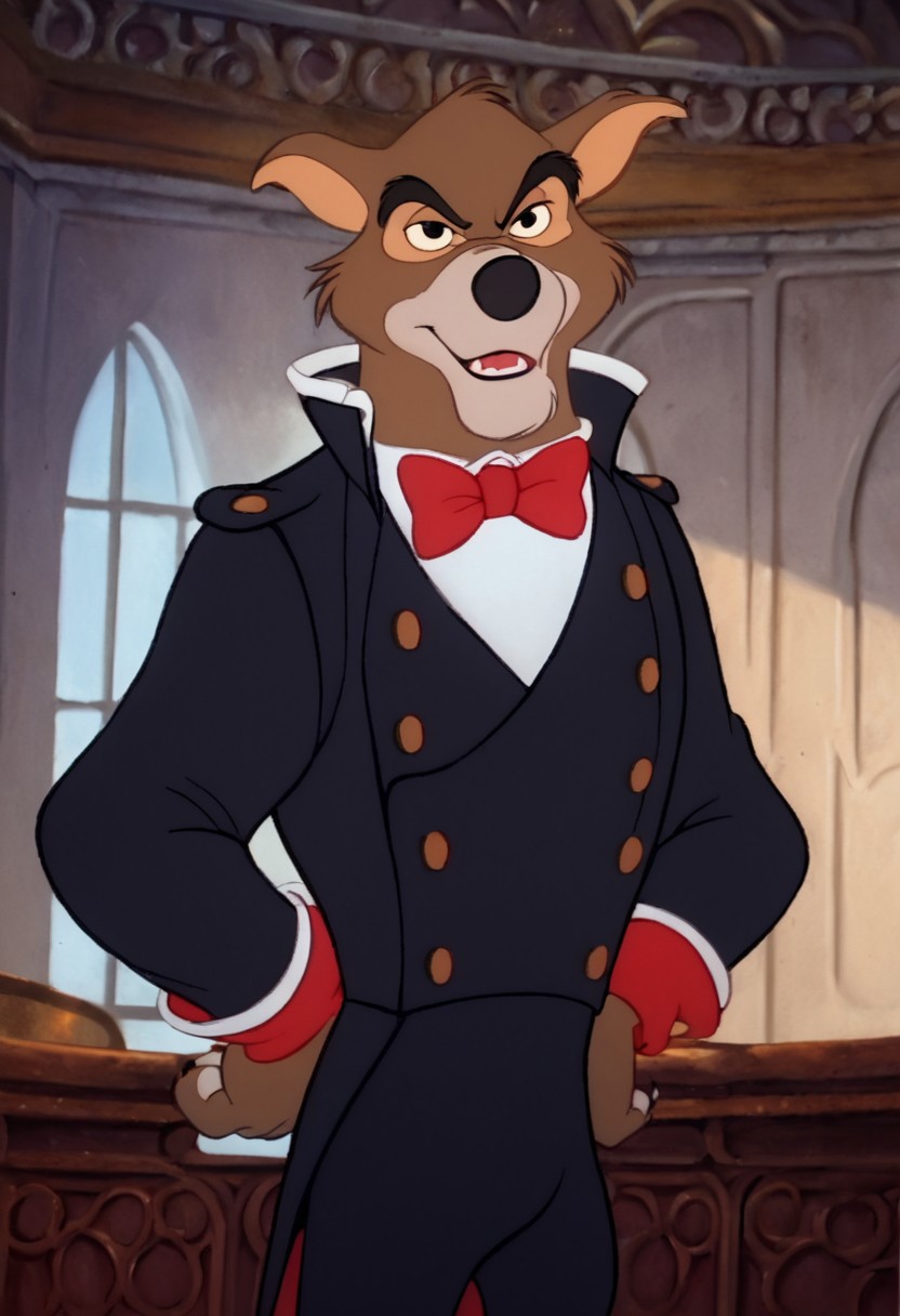 score_9, score_8_up, score_7_up, score_6_up, front view, looking at viewer, black eyes, wolf, anthro, furry, brown fur, male, seductive expression, black suit, bow tie, black pants, standing, inside, buildingbackground, retro artstyle, traditional media, dramatic lighting<lora:Don_Karnage_Talespin_PonyXL:1> <lora:Disney_Renaissance:1>
