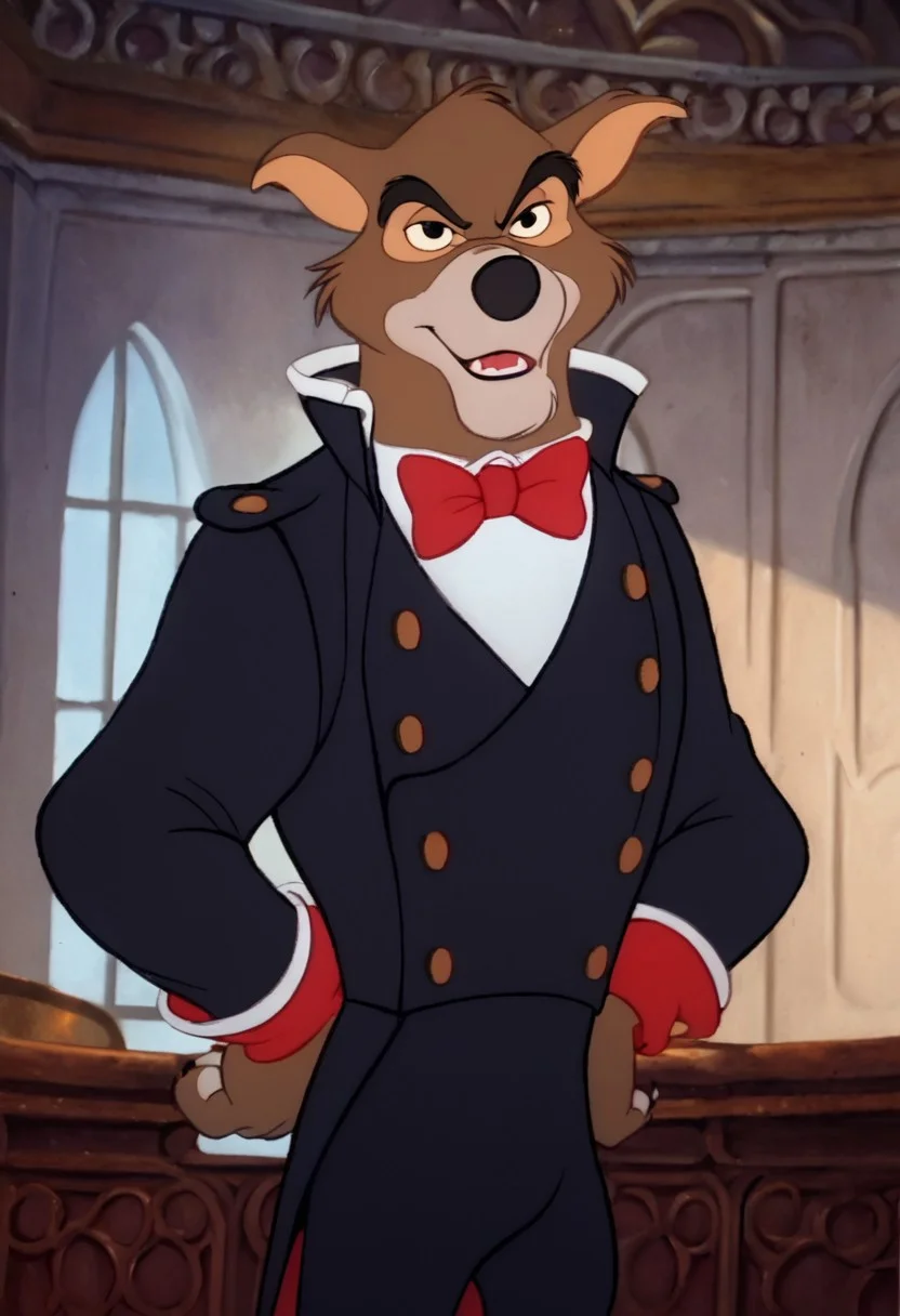 score_9, score_8_up, score_7_up, score_6_up, front view, looking at viewer, black eyes, wolf, anthro, furry, brown fur, male, seductive expression, black suit, bow tie, black pants, standing, inside, buildingbackground, retro artstyle, traditional media, dramatic lighting<lora:Don_Karnage_Talespin_PonyXL:1> <lora:Disney_Renaissance:1>