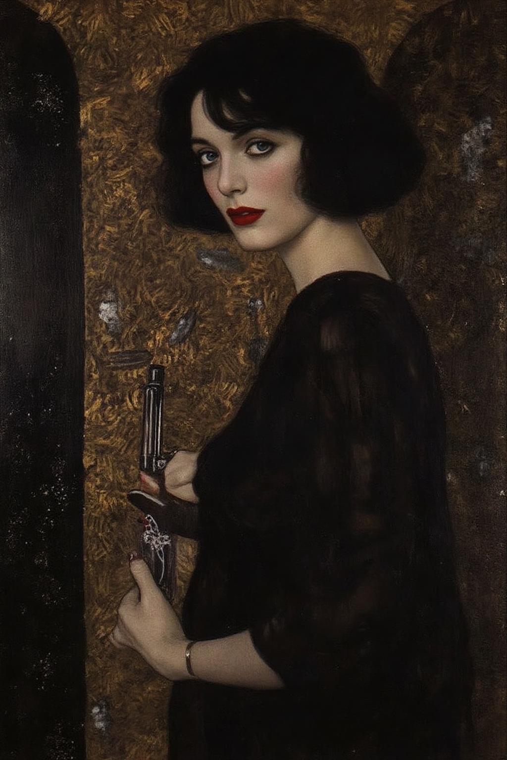 kl1mt painting. a mysterious woman with dark, wavy hair and piercing eyes stands in the shadows of a dimly lit room. She is holding a small revolver with a delicate yet firm grip. Her red lipstick is the only color that stands out in the darkness, her intentions unclear but dangerous. <lora:kl1mt_cap_d6a3e12:1.0><lora:823308362927146265:0>