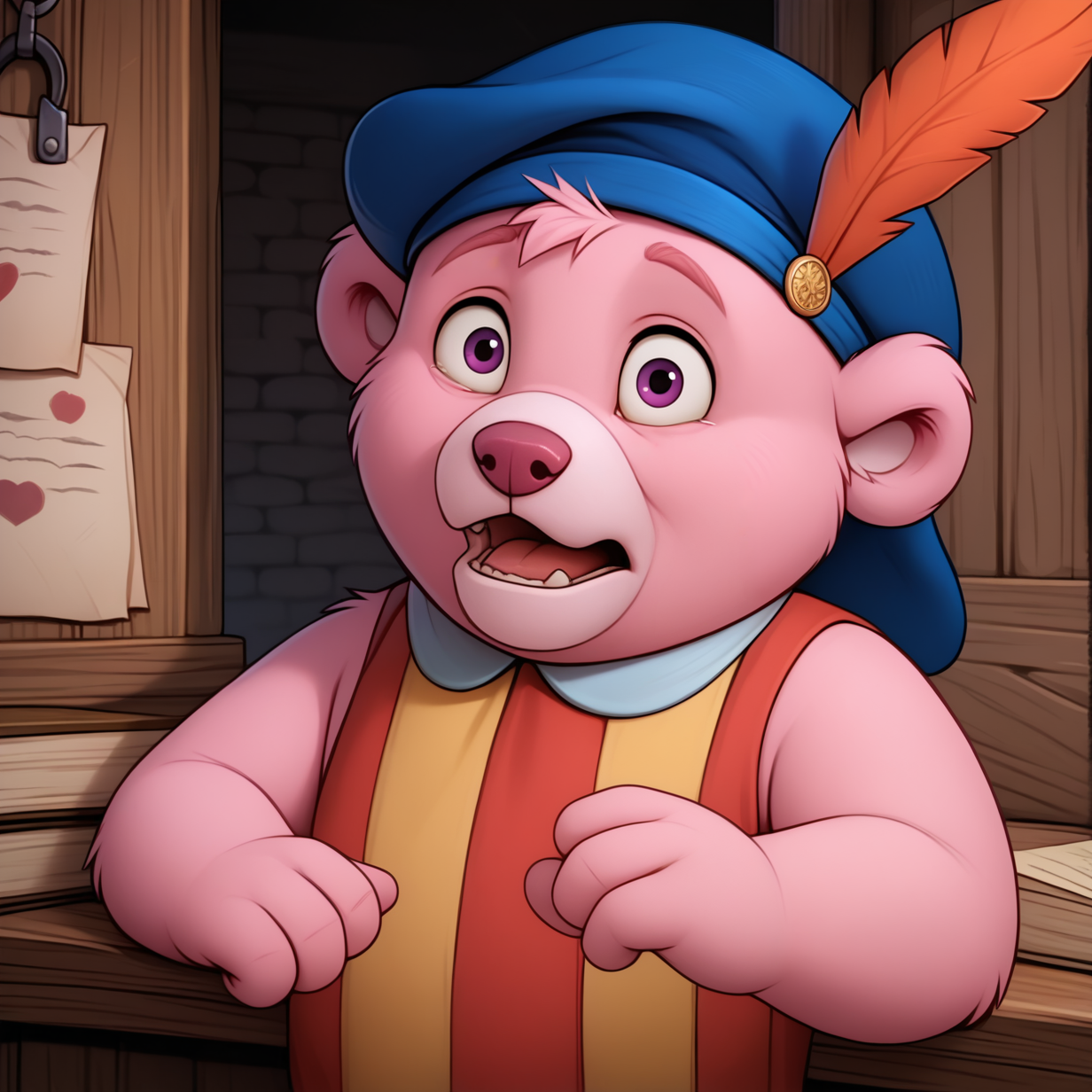 cubbigummixl, young, realism, anthro, solo, male focus, pink bear, score_9, score_8_up, score_7_up, high quality, masterpiece, best quality, high res, absurd res, striped tunic, blue hat with feather, corpped torso, looking at viewer, scared, wide-eyed, plump, narrowed eyes, detailed background, inside dungeon, 4 fingers