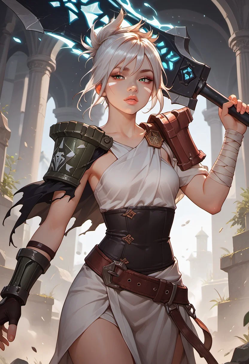safe_pos, masterpiece,best quality, highly detailed, score_9, score_8_up, score_7_up, score_6_up, score_5_up, score_4_up, solo, rvn, white hair, short hair, ponytail, rvn, short hair, ponytail, facial mark, eyeshadow, top, criss-cross halter, single pauldron, shoulder armor, single glove, bandaged arm, corset, belt, skirt, single greave, (huge weapon, sworod, broken weapon, magic), Expressiveh, 30yo, adult lustful confident woman, petite, slender body, perky saggy natural breasts, full lips, bangs, sidelocks, straps,
chinese magical sorceress, animated, swirling magic, wisps of magic, dancing pose, tight squeezed outfit, magical accessories, evoking motion, conveying motion, dynamic splash art
