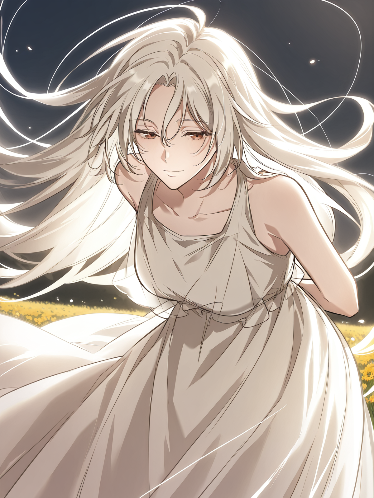 <lora:Omniscient_Readers_Viewpoint__Shin_Yoosung_adult:1>
1girl, solo, very long hair, white hair, straight hair, parted bangs, hair between eyes, red brown eyes,
white dress, flowing dress, layered dress, sleeveless dress, ankle length dress, soft fabric, ethereal look,
score_9, score_8_up, score_7_up, very aesthetic, source_anime, detailed, high quality, beautiful, masterpiece, detailed eyes, field, blurry background, pose dynamic angle, upper body, cowboy shot, light smile, floating hair, half-closed eyes, hands behind back, leaning forward, looking forward, looking at viewer