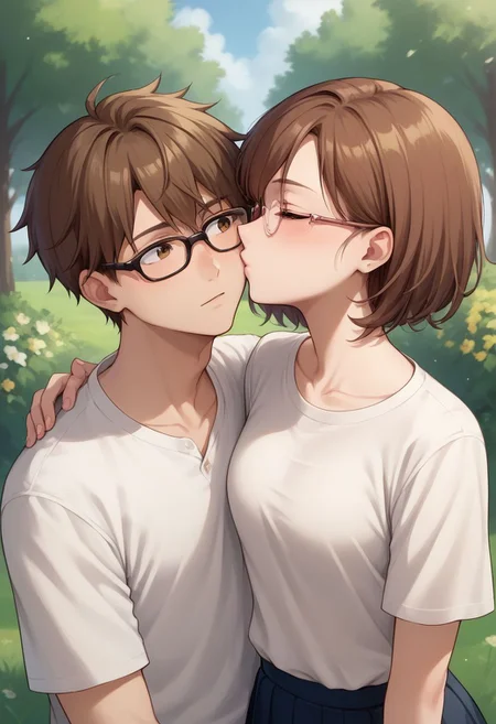 score_9, score_8_up, source_anime, highly detailed,
1girl, 1boy, kiss, glasses, brown hair, white shirt, shirt, kissing cheeck,
outdoor,