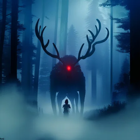 source_anime, source_game, score_9, score_7_up, (CR33P1NGF0G, fog), the_witcher_(series), fog, dark, night, haze, no_humans, scenery, forest, antlers, monster, red eyes, glowing, detailed, the_witcher_3 , detailed background,