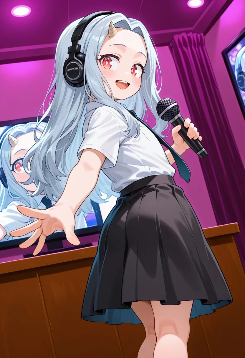 score_9, score_8_up, score_7_up, score_6_up, score_5_up, (petite figure:1.2),source_anime, ( flat chest), , shortstack, , short legs, short arms, , short female, , 1 girl,cute,eri, long hair, red eyes, grey hair, horns, single horn, ,BREAK,a person in person holding mic in front of cartoon character wearing headphones, , microphone, Karaoke background, indoors , holding, smile, necktie, shirt,Long Skirt, holding microphone, shirt, sleeves, open mouth, headphones,, hair ornament,back view, looking back, looking back, dutch angle,, reaching towards viewer,look back