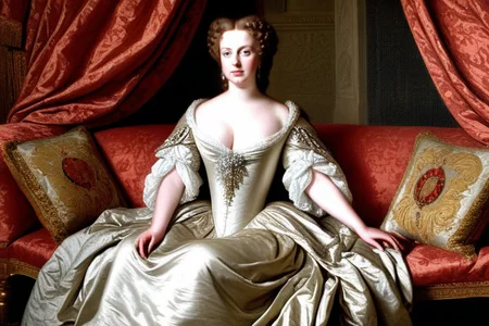 1680-89, girl, queen of england, photorealistic, dramatic, dynamic action, 1girl, massive breasts, slender, perfect face, attractive, sitting on an enormous couch, inside, flowing fabrics <lora:1680-89:1> circa 1685 <lora:sinfully_stylish_SDKL:0>