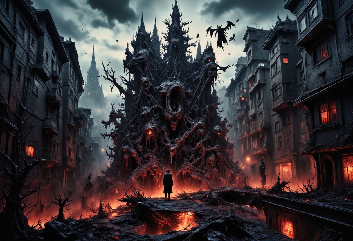 high quality, 8K Ultra HD, a metropolis where elements of nightmarish surrealism converge into a scary, gore, horror scene, Escher's influence is subtly incorporated, transforming the city into an intricate, mind-bending spectacle, Stark contrasts between light and dark enhance the dreamlike quality of the scene, creating an unsettling yet captivating urban horrific dreamscape, photorealistic, ultra realistic,aidmaimageupgrader,in the style of Jed-clrfl,aidmamj6.1