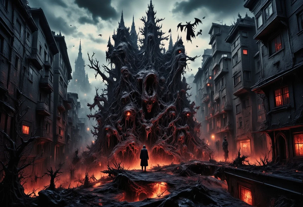 high quality, 8K Ultra HD, a metropolis where elements of nightmarish surrealism converge into a scary, gore, horror scene, Escher's influence is subtly incorporated, transforming the city into an intricate, mind-bending spectacle, Stark contrasts between light and dark enhance the dreamlike quality of the scene, creating an unsettling yet captivating urban horrific dreamscape, photorealistic, ultra realistic,aidmaimageupgrader,in the style of Jed-clrfl,aidmamj6.1