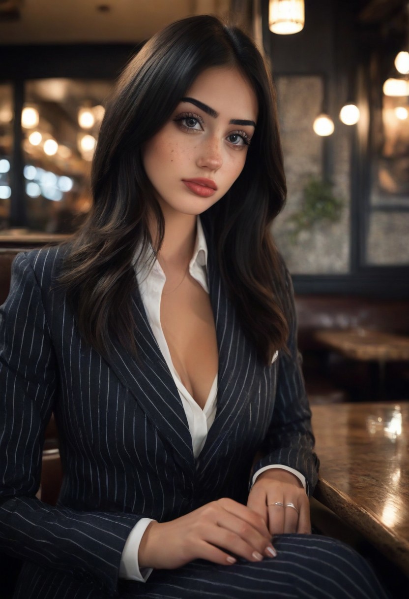 28yo busty girl xxsxx (Long hair, black hair, ahoge, big breasts) wearing (striped business suit), sit in restaurant