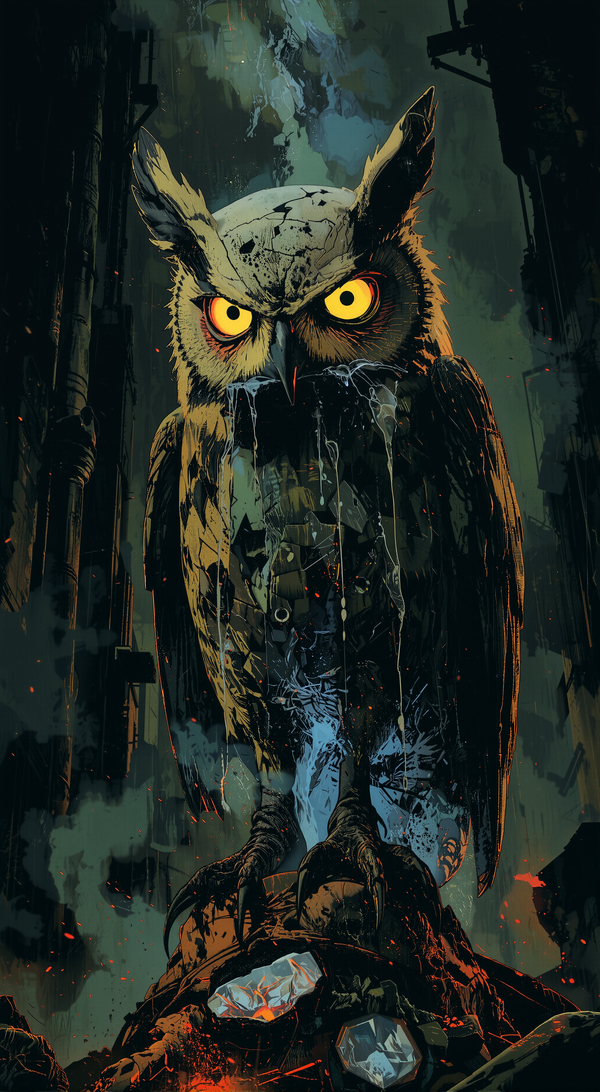 The image shows an owl with yellow eyes perched atop a rock, surrounded by buildings in the background. The owl is animated, giving the image a dynamic feel.