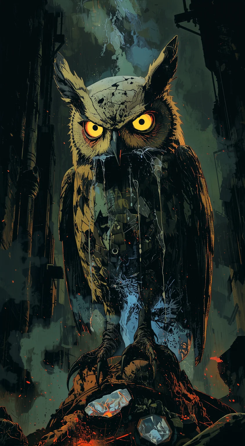 The image shows an owl with yellow eyes perched atop a rock, surrounded by buildings in the background. The owl is animated, giving the image a dynamic feel.