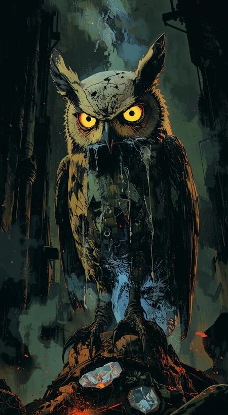 The image shows an owl with yellow eyes perched atop a rock, surrounded by buildings in the background. The owl is animated, giving the image a dynamic feel.