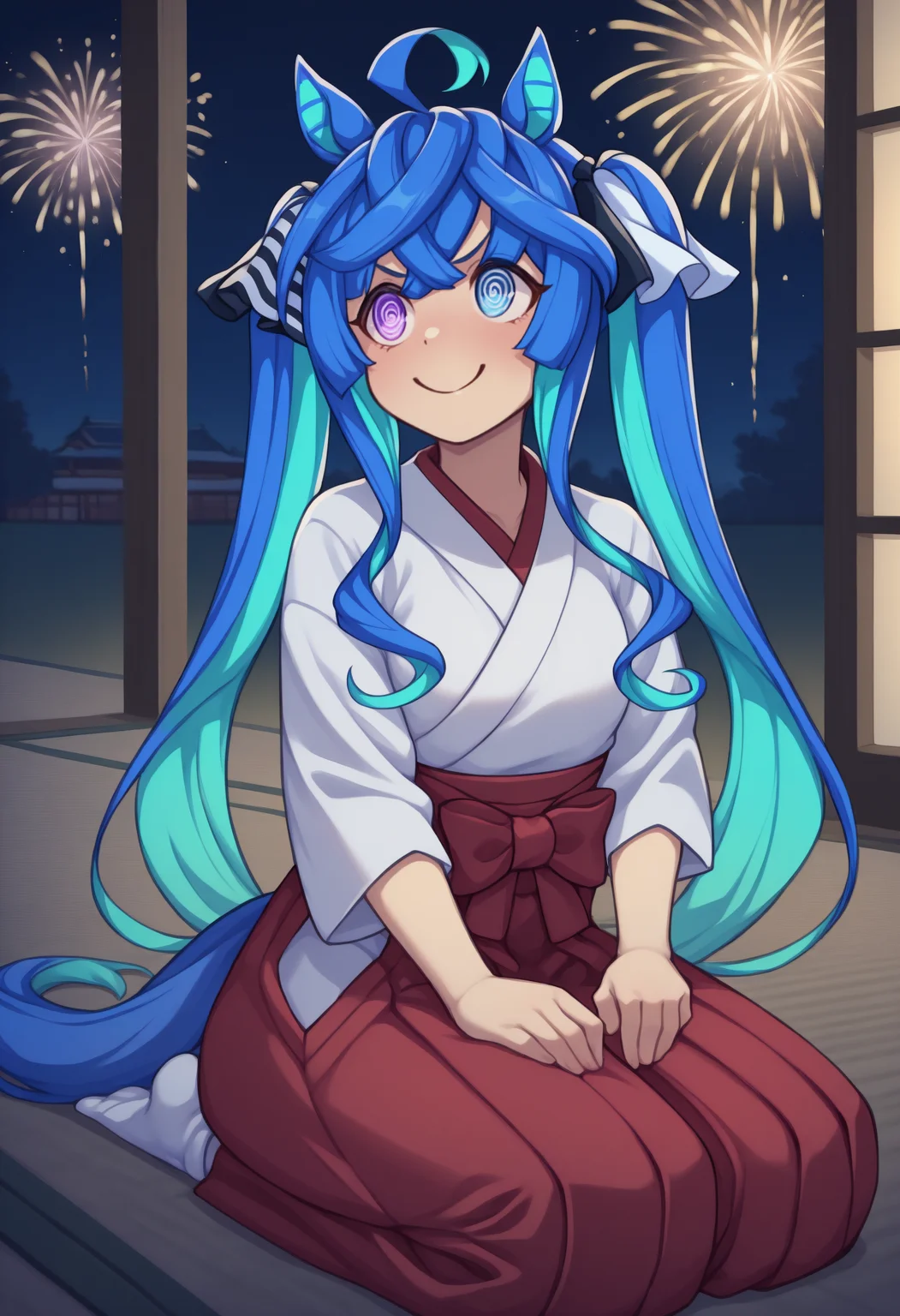 anime, masterpiece, best quality, solo, 1girl, tw1nturb0, horse tail, smile, closed mouth, looking away, on floor, seiza, hands on own thighs, two-tone hair, blue hair, aqua hair, ahoge, crossed bangs, sidelocks, twintails, hair ribbon, horse ears, heterchromia, purple eyes, blue eyes, @ @, japanese clothes, white kimono, red hakama, white socks, tatami, east asian architecture, night, fireworks
<segment:yolo-Anzhc Face seg 640 v2 y8n.pt,0.4,0.5//cid=1>