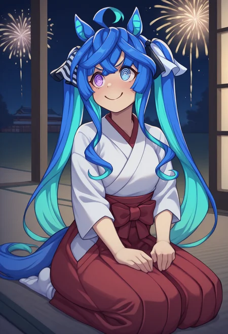anime, masterpiece, best quality, solo, 1girl, tw1nturb0, horse tail, smile, closed mouth, looking away, on floor, seiza, hands on own thighs, two-tone hair, blue hair, aqua hair, ahoge, crossed bangs, sidelocks, twintails, hair ribbon, horse ears, heterchromia, purple eyes, blue eyes, @ @, japanese clothes, white kimono, red hakama, white socks, tatami, east asian architecture, night, fireworks
<segment:yolo-Anzhc Face seg 640 v2 y8n.pt,0.4,0.5//cid=1>