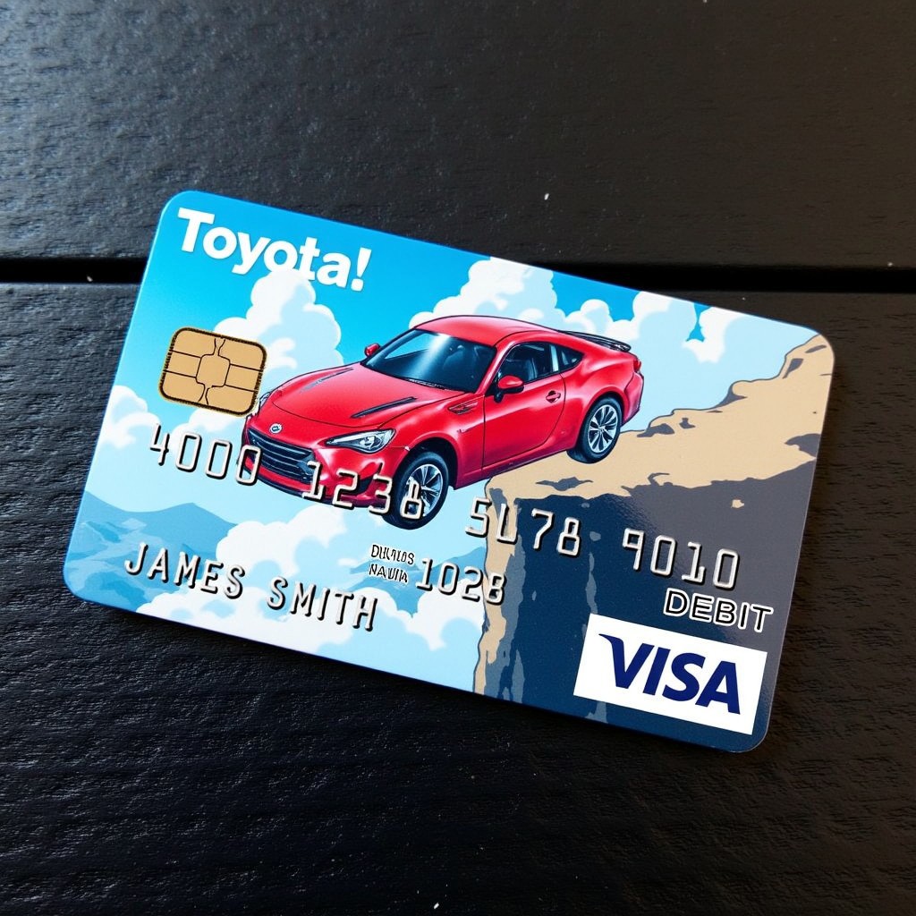 The image is a digital illustration on a Visa credit card, visa custom design card of anime car toyota jumping from the cliff. Card laying on the black wood table. 45 view angle for above, aidmatextimprover