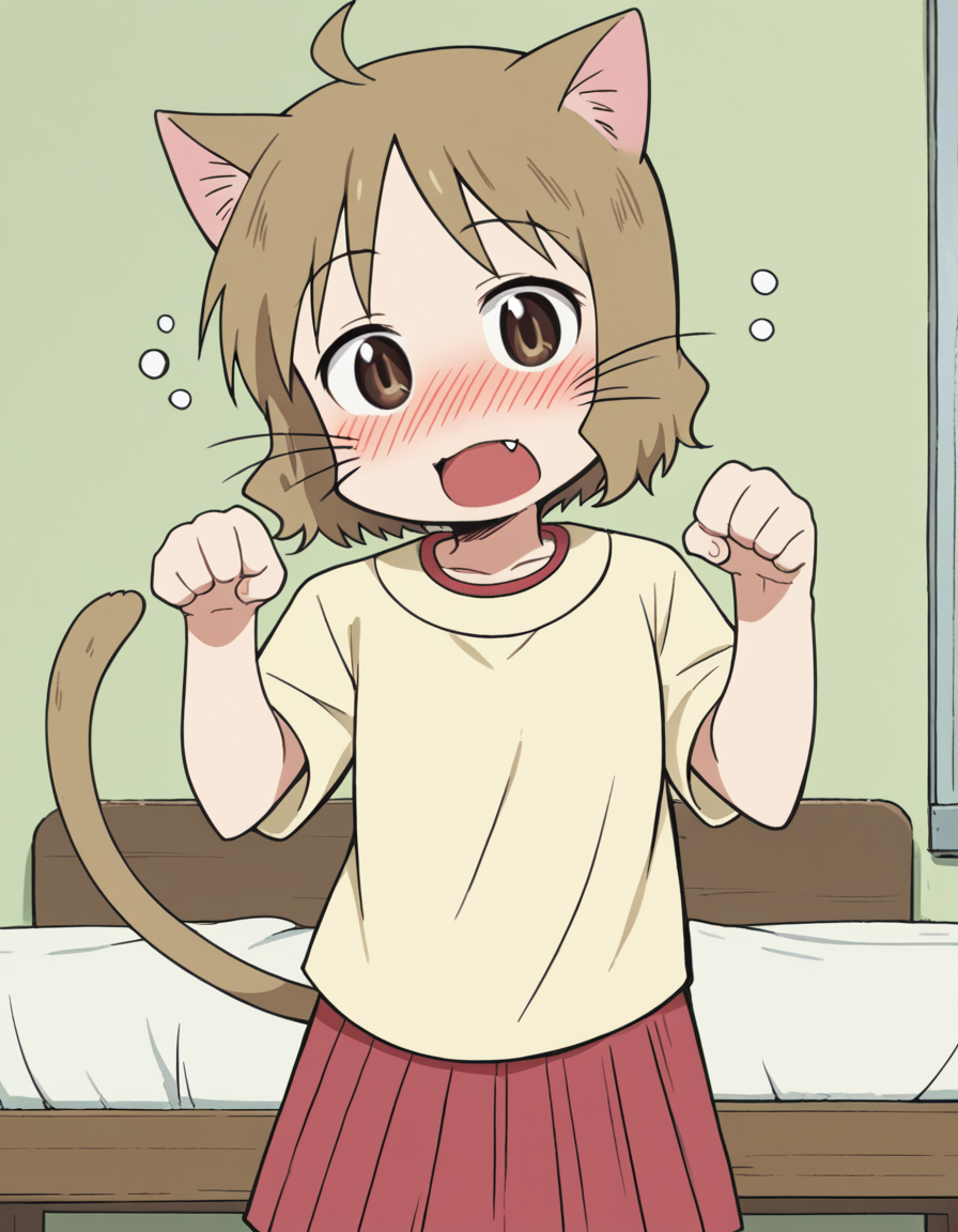 score_9, score_8_up, score_7_up, source_anime, <lora:izumi-sakurai-s1-ponyxl-lora-nochekaiser:1>, izumi sakurai, short hair, brown hair, brown eyes, ahoge,, skirt, yellow shirt, pleated skirt, red skirt,, indoors, bed, bed room, on side, blush, drunk,, , <lora:paw-pose-ponyxl-lora-nochekaiser:1>, paw pose, cat ears, cat tail, animal ears, tail, cat girl, open mouth, fang, whiskers,, looking at viewer, solo,, dutch angle, cowboy shot