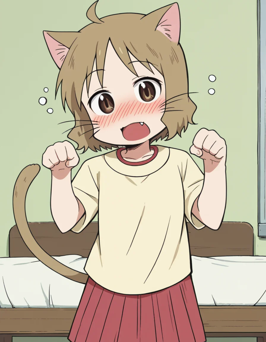 score_9, score_8_up, score_7_up, source_anime, <lora:izumi-sakurai-s1-ponyxl-lora-nochekaiser:1>, izumi sakurai, short hair, brown hair, brown eyes, ahoge,, skirt, yellow shirt, pleated skirt, red skirt,, indoors, bed, bed room, on side, blush, drunk,, , <lora:paw-pose-ponyxl-lora-nochekaiser:1>, paw pose, cat ears, cat tail, animal ears, tail, cat girl, open mouth, fang, whiskers,, looking at viewer, solo,, dutch angle, cowboy shot