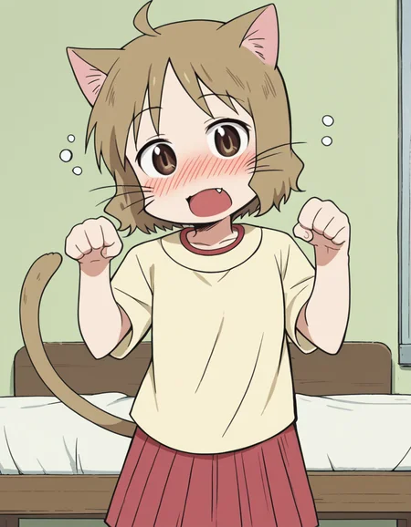score_9, score_8_up, score_7_up, source_anime, <lora:izumi-sakurai-s1-ponyxl-lora-nochekaiser:1>, izumi sakurai, short hair, brown hair, brown eyes, ahoge,, skirt, yellow shirt, pleated skirt, red skirt,, indoors, bed, bed room, on side, blush, drunk,, , <lora:paw-pose-ponyxl-lora-nochekaiser:1>, paw pose, cat ears, cat tail, animal ears, tail, cat girl, open mouth, fang, whiskers,, looking at viewer, solo,, dutch angle, cowboy shot
