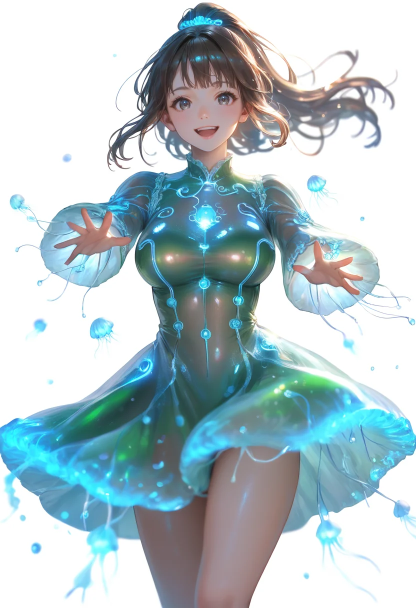 score_9, score_8_up, score_7_up, source_anime, masterpiece, best quality, perfect anatomy, very aesthetic, ((outlined outlined vector graphics)),no norm,
, cute face, (glow eyes:0.8), 1girl, 20yo, brown hair, gray eyes, (large breast:1), (ponytail:1.1), medium hair,(curvy:1.1),bangs,solo, glittering, glowing, white background , simple background,   open eyes , smile,
front view , looking at viewer , mdeium breast,fantasy,, standing , , action pose , blue dress,,clothed, ,(happy:1.0) ,open eyes  , jellyfish outfit,green jellyfish dress, green dress, <lora:jellyfish-outfit-01:1.0>