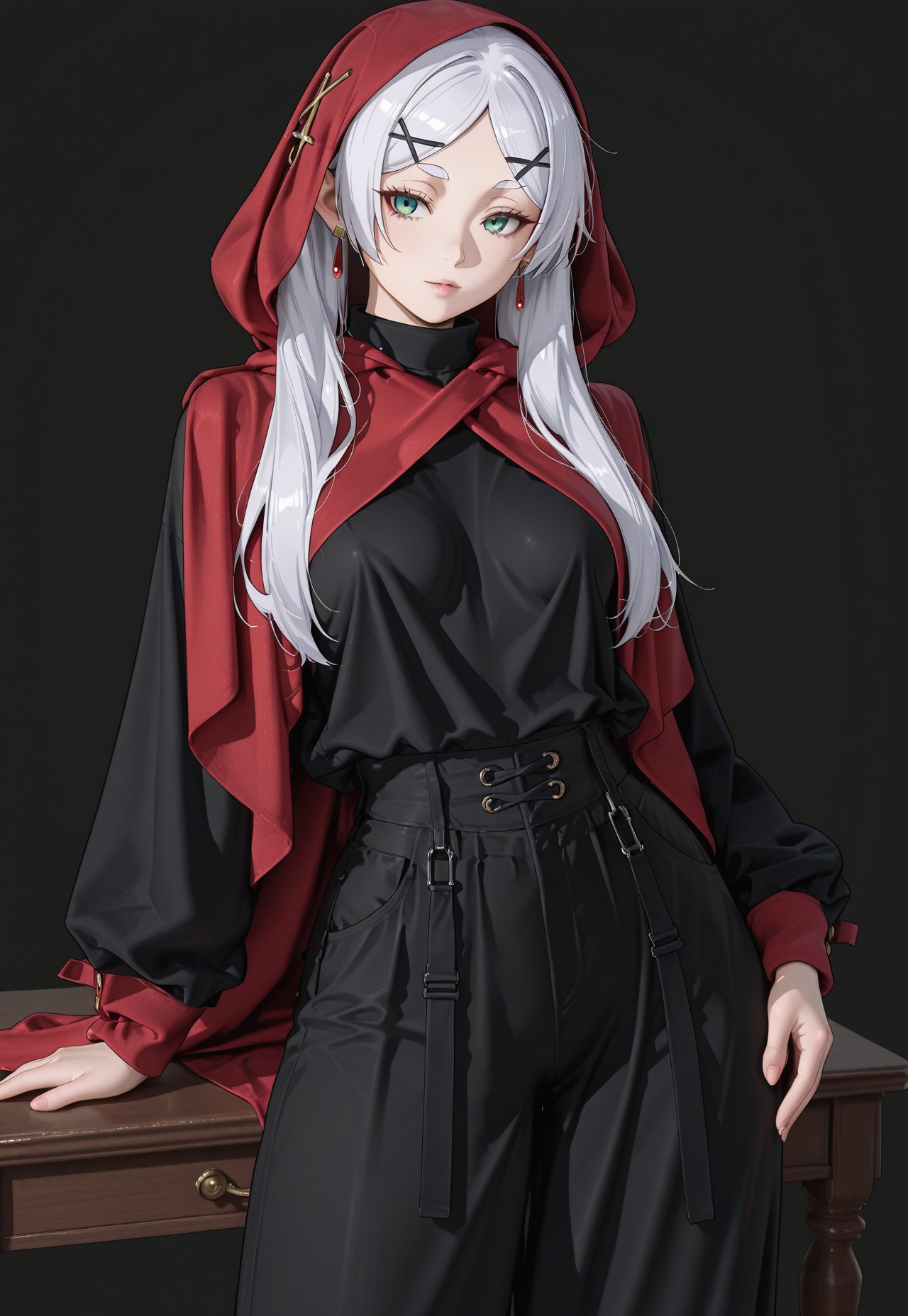 Frieren, 1girl, long hair, white hair, green eyes, x hair ornament, solo,, 1girl, long hair, green hair, green eyes, solo, black pants, black shirt, red hooded shawl, boots, standing like a model, perfect curvy figure, sexy, high-end fashion, elegant and seductive pose, high quality, masterpiece, highly detailed, intricate details, ultra-detailed, photorealistic