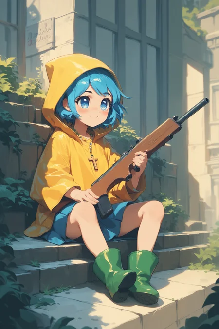 score_9, score_8_up, score_7_up, score_6_up, score_9, score_8_up, score_8, source_anime, 
luce, 1girl, solo, cute girl, short blue hair, blue eyes, full body, boots, signature, yellow hood, colored necklace, cross, shotgun, smile, blush, sitting, outdoors,  
masterpiece, best quality, 
<lora:luce_pony:1.0>,