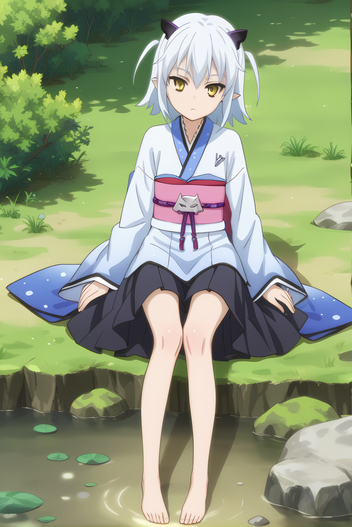 (japanese clothes), mt-shiroyasha, white hair, yellow eyes, short horns, 1girl, solo, skinny, feet, (score_9, score_8, score_7), source_anime, horny, (landscape), (1.3::full body|sitting|standing|lying|0.6::close-up| :1.20), <lora:mt-shiroyasha-V01-000003:0.70>