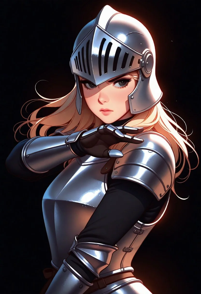 Tsuaii, flat colors,high detailed, high quality, masterpiece, 
 1girl, upper body, (black background), dynamic lighting, standing, battle stance,
steel breastplate, knight helmet,