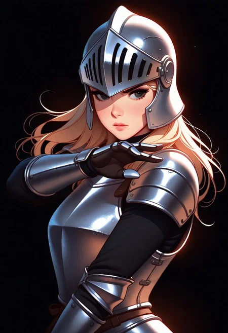 Tsuaii, flat colors,high detailed, high quality, masterpiece,
1girl, upper body, (black background), dynamic lighting, standing, battle stance,
steel breastplate, knight helmet,