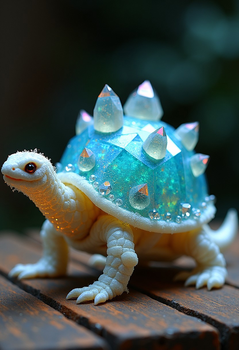 Create a unique fantasy pet companion that resembles a small turtle with crystalline armor and serpentine features. Its shell is made of gleaming, semi-transparent crystals that reflect light in iridescent colors. The creature has a long, sinuous neck and tail, both covered in fine, glass-like scales. Its eyes are sharp and gleaming, and it can curl up into its shell to become an impenetrable crystal orb. When it moves, it leaves a trail of sparkling dust, and its slow but deliberate pace gives it a sense of ancient wisdom.