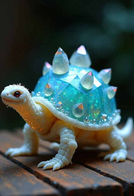 Create a unique fantasy pet companion that resembles a small turtle with crystalline armor and serpentine features. Its shell is made of gleaming, semi-transparent crystals that reflect light in iridescent colors. The creature has a long, sinuous neck and tail, both covered in fine, glass-like scales. Its eyes are sharp and gleaming, and it can curl up into its shell to become an impenetrable crystal orb. When it moves, it leaves a trail of sparkling dust, and its slow but deliberate pace gives it a sense of ancient wisdom.